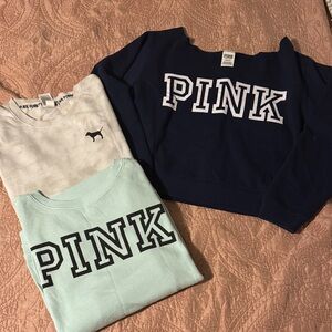 Victoria's Secret PINK Sweatshirt Trio in Navy, Mint, and Cream Bundle